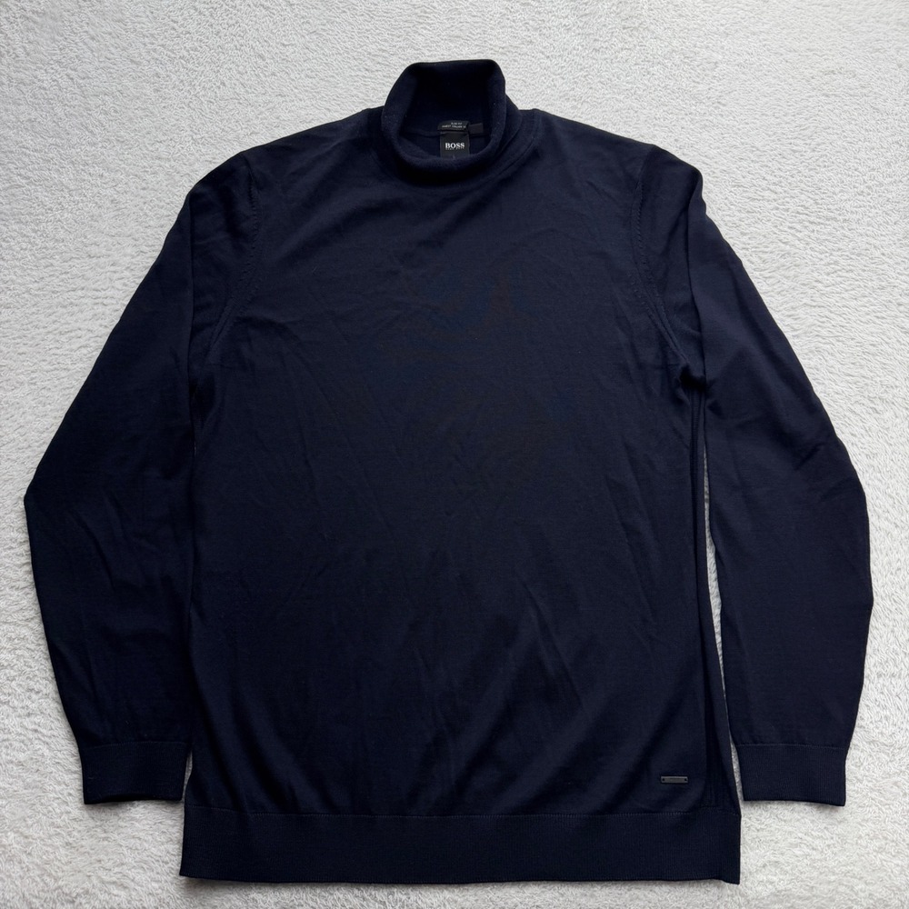 Hugo Boss‎ Mens Slim Fit Navy Blue Turtleneck Sweater Italian Yarn XL